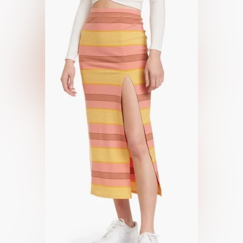 L*Space Beachy Keen Stripe Summer Daze Midi Skirt With Slit Orange Yellow Medium
